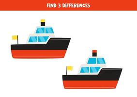 Find 3 differences between two cute cartoon toy ship. vector