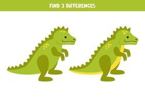 Find 3 differences between two cute cartoon toy green dinosaur. vector