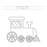 Trace the letters and color cartoon train. Handwriting practice for kids. vector