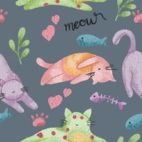 Cute Colorful Cat Watercolor Seamless Pattern vector