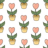 Seamless pattern of heart shaped flower in a flower pot. Illustration in cartoon style. 70s retro clipart design. vector