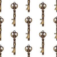 Hand-drawn colored seamless pattern of vintage decorative keys sketches with intricate forging. Ink and pen drawing illustration. vector
