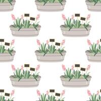 Seamless pattern of a metal garden bucket with grass and plants. vector