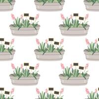 Seamless pattern of a metal garden bucket with grass and plants. vector