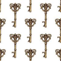 Hand-drawn colored seamless pattern of vintage decorative keys sketches with intricate forging. Ink and pen drawing illustration. vector