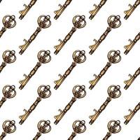 Hand-drawn colored seamless pattern of vintage decorative keys sketches with intricate forging. Ink and pen drawing illustration. vector