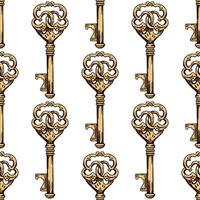 Hand-drawn colored seamless pattern of vintage decorative keys sketches with intricate forging. Ink and pen drawing illustration. vector