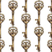 Hand-drawn colored seamless pattern of vintage decorative keys sketches with intricate forging. Ink and pen drawing illustration. vector