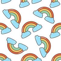 Rainbow with clouds seamless pattern. Illustration in cartoon style. 70s retro clipart design. vector