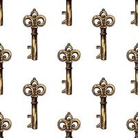 Hand-drawn colored seamless pattern of vintage decorative keys sketches with intricate forging. Ink and pen drawing illustration. vector
