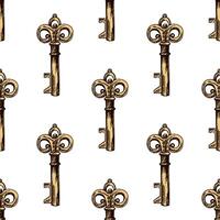 Hand-drawn colored seamless pattern of vintage decorative keys sketches with intricate forging. Ink and pen drawing illustration. vector