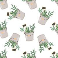 Seamless pattern of a metal garden bucket with grass and plants. vector