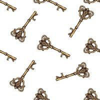 Hand-drawn colored seamless pattern of vintage decorative keys sketches with intricate forging. Ink and pen drawing illustration. vector