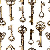 Hand-drawn colored seamless pattern of vintage decorative keys sketches with intricate forging. Ink and pen drawing illustration. vector