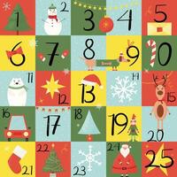 Christmas advent december calendar with numbers and cute winter characters. flat illustration vector