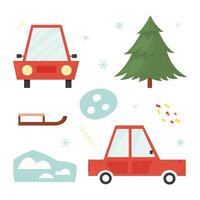 Winter set of red car, snow, sledge and fir tree. flat illustration in cartoon style, isolated elements vector