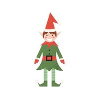 Cute christmas elf, santa's helper in green traditional costume in cartoon flat style for design, greeting cards, print vector