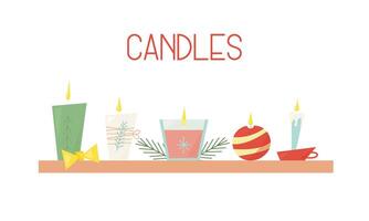 Christmas candles set in flat style standing on a shelf with pine branches and a bow vector