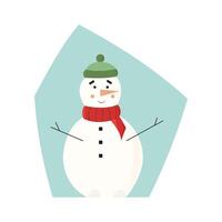 Cute white snowman wearing knitted scarf and hat and smiling. flat illustration isolated on white background. Ready for greeting cards, print vector