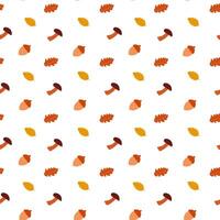 Seamless autumn pattern with mushrooms, acorn and oak leaves on white background. flat illustration for design, print, textile, fabric, wallpapers vector