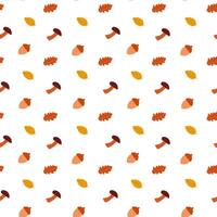 Seamless autumn pattern with mushrooms, acorn and oak leaves on white background. flat illustration for design, print, textile, fabric, wallpapers vector