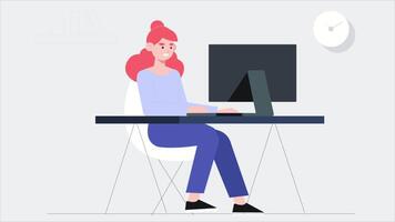 mujer con naranja pelo trabajando en el oficina haciendo trabajo en el proyecto en el trabajando computadora 2d dibujos animados animación video