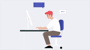 le aux cheveux orange homme travail dans le bureau, portant une blanc T-shirt, est Envoi en cours e-mails sur le ordinateur. le Contexte est gris dans Couleur 2d dessin animé animation video