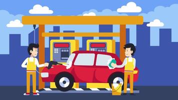 Two Happy Characters In Uniform Washing Car With Soap 2D Cartoon Animation video