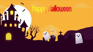 contento Halloween fantasmi, pipistrelli volante aria sfondo su giallo 2d cartone animato animazione video