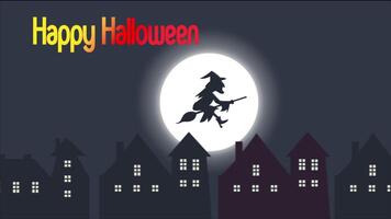 contento Halloween strega volante il suo manico di scopa al di sopra di edifici 2d cartone animato animazione video