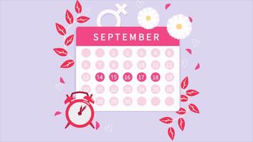 menstruel calendrier pour 14ème, 15ème, 16e, 17ème, 18e septembre sur rose Contexte 2d dessin animé animation video