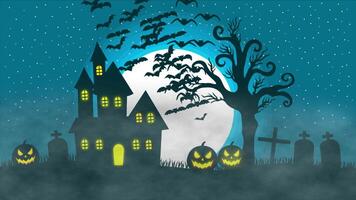 gelukkig halloween achtergrond Aan blauw lucht fying vleermuizen 2d tekenfilm animatie video