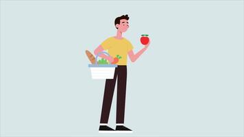 homme achats à le marché détient une épicerie sac dans le sien main et un Pomme dans le sien autre main 2d dessin animé animation video