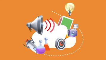 Business Items Potion Bottle, Rocket, Lamp, Cards, Camera Appear In The Middle 2D Cartoon Animation video