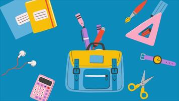 Back To School Background School Supplies Go Into The School Bag On Blue Background 2D Cartoon Animation video