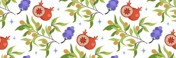 aceituna rama, granada y manojo de uvas sin costura modelo. antecedentes con frutas y bayas. para fondo de pantalla o tela, embalaje, marca, cocina interior, menú diseño. plano ilustración. vector