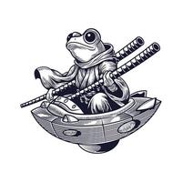 vintage illustration ninja frog ufo, frog tattoo design vector