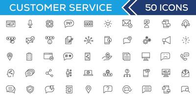 Customer service icon set. Containing customer satisfied, assistance, experience, feedback, operator and technical support icons. Thin outline icons pack. vector