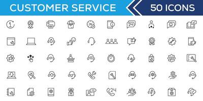 Customer service icon set. Containing customer satisfied, assistance, experience, feedback, operator and technical support icons. Thin outline icons pack. vector