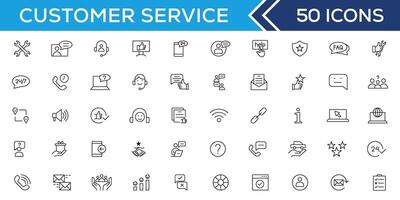 Customer service icon set. Containing customer satisfied, assistance, experience, feedback, operator and technical support icons. Thin outline icons pack. vector