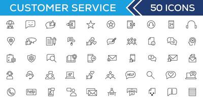 Customer service icon set. Containing customer satisfied, assistance, experience, feedback, operator and technical support icons. Thin outline icons pack. vector