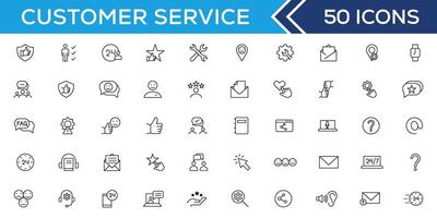 Customer service icon set. Containing customer satisfied, assistance, experience, feedback, operator and technical support icons. Thin outline icons pack. vector