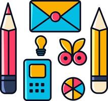 Set of colorful and cute stationery, pencil, calculator, scissors, lamp, and chart vector