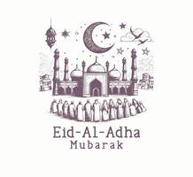 ilustración de eid al-adha saludo tarjeta con personas y mezquita vector