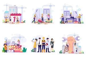 Happy Labour day On 1 May illustration. Construction workers are working on building. vector