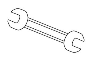 Hand drawn cute outline illustration of wrench or spanner instrument. Flat repair tool in line art doodle style. Support service hardware icon. Settings or fix problem. Find solution. Isolated. vector