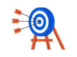 Hand drawn cute illustration of arrows hit center of target. Flat hit the bull's eye in doodle style. Successful business strategy icon. Goal achievement. Find problem solution. Isolated. vector