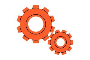 Hand drawn cute cartoon illustration of two gears. Flat mechanism part in doodle style. Support service icon. Settings or fix problem. Part or cog of the team. Teamwork or cooperation. Isolated vector