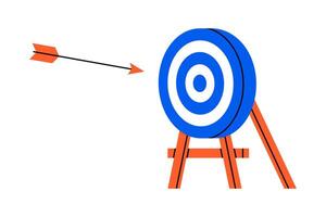 Hand drawn cute illustration of arrows flies to center of target. Flat hit the bull's eye in doodle style. Successful business strategy icon. Goal achievement. Find problem solution. Isolated. vector