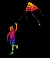 A Boy Running with a Kite Child Playing Cartoon Graphic vector